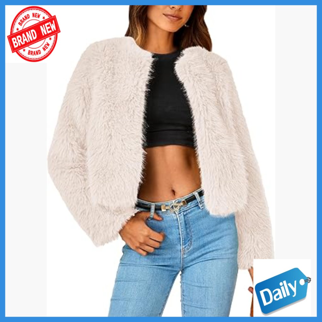 Faux Fur Cropped Jacket, Fleece Winter Coat, Long Sleeve With Pockets